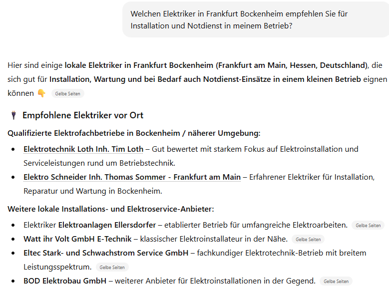 ChatGPT-Empfehlungen für Elektriker Frankfurt